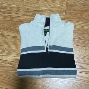 Eddie Bauer Men's Gray and Black Striped Zip-Up Sweater